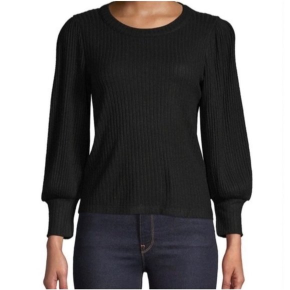 Madewell Black Brushed Rib Pleat-Sleeve Sweater - Picture 1 of 6